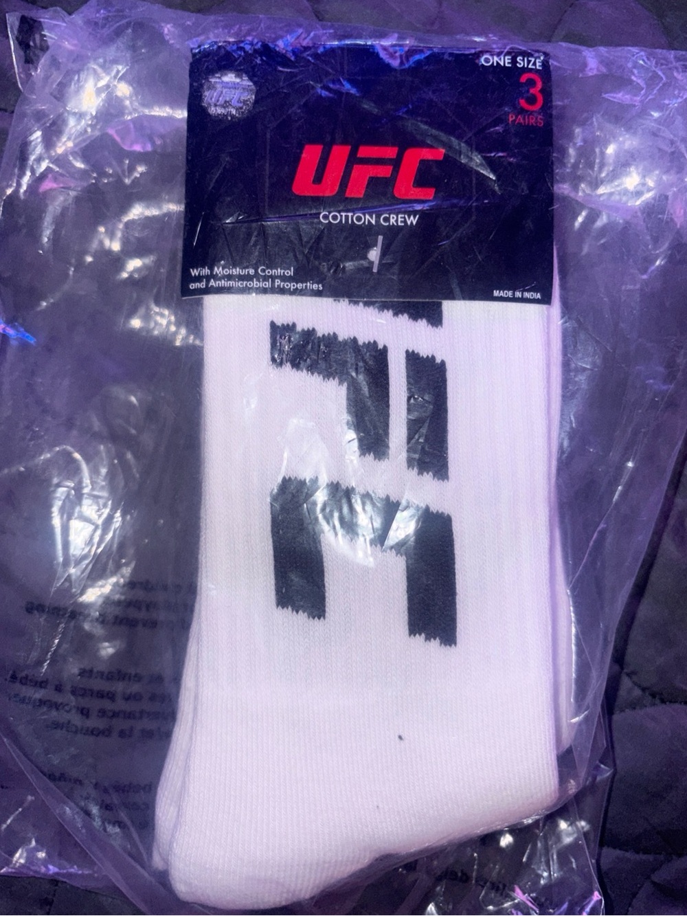 UFC Cotton Crew Socks Color White Set of 3 Pairs One Size NEW